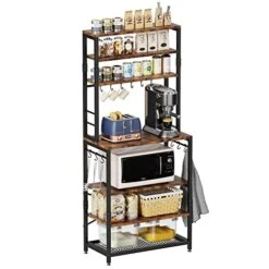 Amosic Industrial Kitchen Baker’s Rack, Multiuse 7-Tier Metal Kitchen Bakers Rack, 6 S-Hooks, Floor Standing Spice Rack Organizer Workstation, For Microwave, Spice Jars, Pots And Pans, Rustic Brown -Songmics Furniture Shop 41LATiabCvL