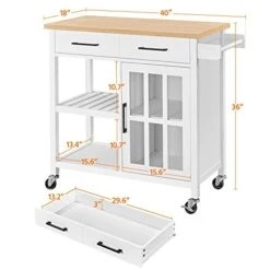 Yaheetech Kitchen Island On Wheels With Drawers, Rolling Kitchen Cart With Tempered Glass Storage Cabinet Door, Bamboo Top, 2 Tiers Shelves, And Towel Rack, 40x18x36 Inches, White -Songmics Furniture Shop 41LBTETzmlL