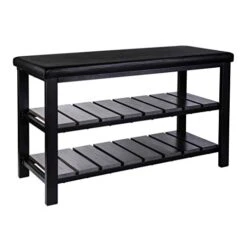 Finnhomy 3-Tier Shoe Rack Bench Cushion. Holds Up To 400 Lb Rack, For Entryway, Bedroom, Hallway, Accent Furniturn, Elegant Black Wood