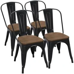 Yaheetech 18 Inch Classic Iron Metal Dining Chair With Wood Top/Seat Indoor-Outdoor Use Chic Dining Bistro Cafe Side Barstool Bar Chair Coffee Chair Set Of 4 Black