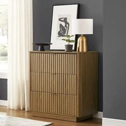 Mopio Brooklyn Mid-Century Modern Dresser/Credenza, Waveform Panel With Sleek Curved Profile With Aluminum Handle 3-Drawers For Bedroom/Living Room, Sturdy Anti-Tipping Base (Golden Oak, Dresser) -Songmics Furniture Shop 41LH5ve K3L. AC