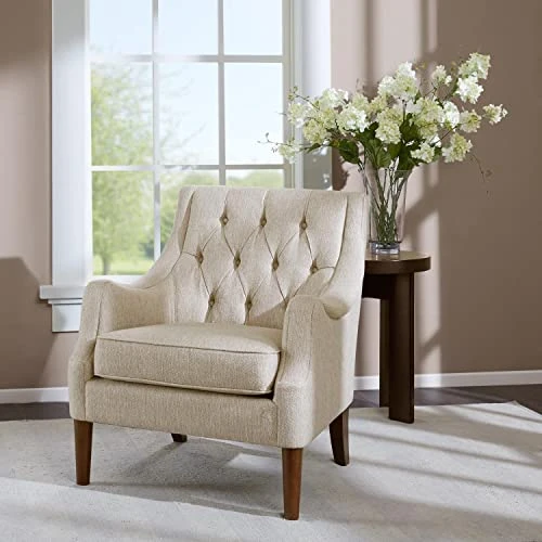 Madison Park Qwen Accent Chairs - Hardwood, Birch, Faux Linen Living Room Chairs - Cream Ivory, Vintage Classic Style Living Room Sofa Furniture - 1 Piece Diamond Tufted Bedroom Chairs Seats 2 Madison Park Qwen Accent Chairs - Hardwood, Birch, Faux Linen Living Room Chairs - Cream Ivory, Vintage Classic Style Living Room Sofa Furniture - 1 Piece Diamond Tufted Bedroom Chairs Seats - Image 2