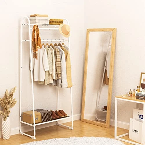 Tajsoon Clothes Rack, Freestanding Clothing Rack With Coat Hook, Metal Garment Rack With 2 Storage Display Shelf, Rustic Brown Wood, White 4 Tajsoon Clothes Rack, Freestanding Clothing Rack With Coat Hook, Metal Garment Rack With 2 Storage Display Shelf, Rustic Brown Wood, White - Image 4