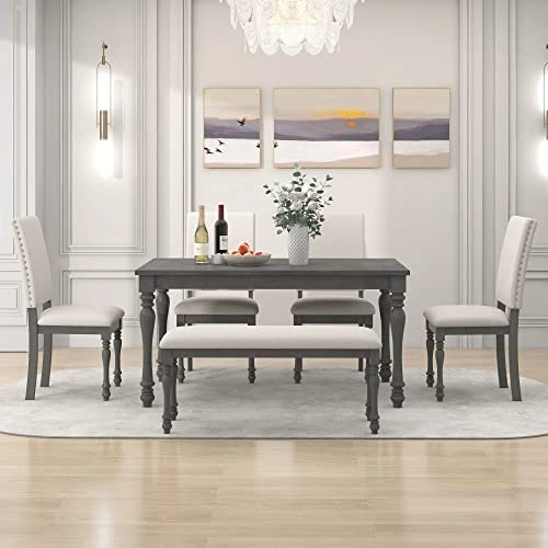 Merax 6-Piece Wood Rectangular Table Set With Turned Legs, 4 Upholstered Chairs And Bench For Dining Room, Grey+Beige_6pcs 2 Merax 6-Piece Wood Rectangular Table Set With Turned Legs, 4 Upholstered Chairs And Bench For Dining Room, Grey+Beige_6pcs - Image 2
