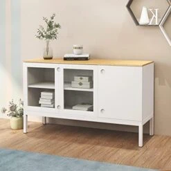 RASOO Kitchen Storage Cabinet Tall White Buffet Sideboard 3-Tiers Display Cabinet With 2 Doors， Metal Lges -Songmics Furniture Shop 41LeGwXpeL. AC