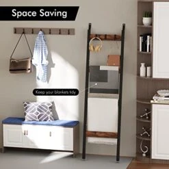 KES 5ft Blanket Ladder, 4-Tier Quilt Ladder Black Ladder Shelf With 3 Adjustable Hooks For Bedroom, Decorative Ladder Metal And Particleboard, Easy Assembly, HLS500-BK -Songmics Furniture Shop 41LmPvcKuvL