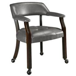 LEEMTORIG Dining Chairs With Casters And Arms, Faux Leather Accent Kitchen Table Chairs With Wheels, Roller Poker Table Chair, Wooden Game Table Captains Chair, Espresso Legs & Light Grey, XXY-1910-DG