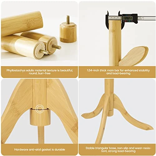 Coat Rack Freestanding Bamboo Coat Tree Rack With 8 Leaf Hooks, 3-Size Height Adjustable For Adults & Kids, Clothes Hanger Stand For Jacket, Hat, Entryway/Hallway/Corner/Bedroom, Natural 3 Coat Rack Freestanding Bamboo Coat Tree Rack With 8 Leaf Hooks, 3-Size Height Adjustable For Adults & Kids, Clothes Hanger Stand For Jacket, Hat, Entryway/Hallway/Corner/Bedroom, Natural - Image 3