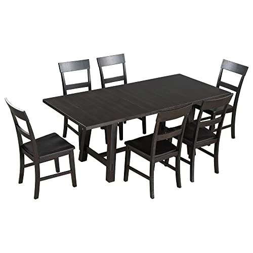 CITYLIGHT 7 Piece Dining Table Set Extendable Table With 18” Leaf And 6 Chairs, Wood Rectangular Dining Room Set, Retro Industrial Style Kitchen Dining Table Set For 6~8 People (Espresso) 5 CITYLIGHT 7 Piece Dining Table Set Extendable Table With 18” Leaf And 6 Chairs, Wood Rectangular Dining Room Set, Retro Industrial Style Kitchen Dining Table Set For 6~8 People (Espresso) - Image 5