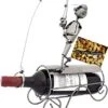BRUBAKER Wine Bottle Holder 'Fisherman Catching Fish' - Table Top Metal Sculpture - With Greeting Card