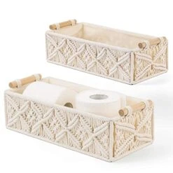 TIMEYARD Macrame Storage Baskets For Toilet Paper, Small Decorative Shelf Baskets For Bedroom, Bathroom, Living Room, Boho Decor Box For Small Items, Set Of 2, Beige