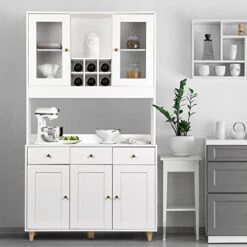 SMOOL 71" Traditional Freestanding Kitchen Pantry, Pantry Cabinet With 3 Drawers, Kitchen Cupboard With 5 Storage Cabinets, White