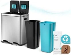 Home Zone Living 15.8 Gallon Kitchen Trash Can, Dual Removable Liners For Recycling And Trash, CleanAura Odor Control, Wide Stainless Steel Shape (7.9 + 7.9 For 15.8 Gallon Total) -Songmics Furniture Shop 41MjN4mzJyL. AC