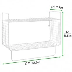 MDesign Steel Wall Mount Storage Organizer Shelf Rack With Towel Bar - Mounted Shelves For Bathroom, Laundry Room, Kitchen, Garage - Basket For Hand Towels, Washcloth - Concerto Collection - White