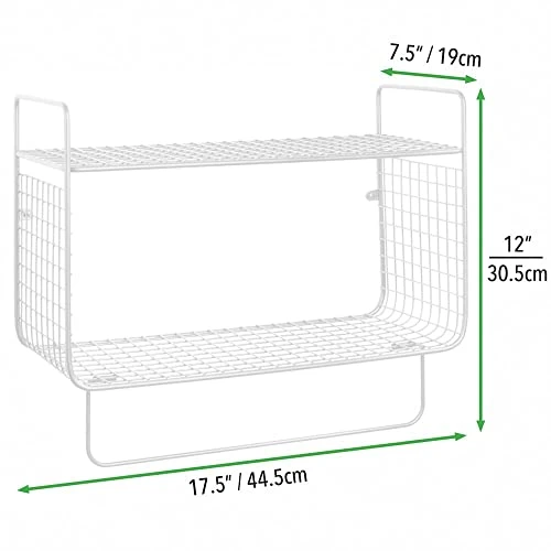MDesign Steel Wall Mount Storage Organizer Shelf Rack With Towel Bar - Mounted Shelves For Bathroom, Laundry Room, Kitchen, Garage - Basket For Hand Towels, Washcloth - Concerto Collection - White 1 MDesign Steel Wall Mount Storage Organizer Shelf Rack With Towel Bar - Mounted Shelves For Bathroom, Laundry Room, Kitchen, Garage - Basket For Hand Towels, Washcloth - Concerto Collection - White
