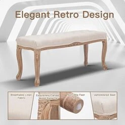 XRHOM Foot Stools Ottoman Entryway Bench Vanity Stool Shoe Bench Upholstered Dining Room Bench Foot Rest With Carved Pattern Solid Rubber Wood Legs For Bedroom, Beige -Songmics Furniture Shop 41Mnc44bTPL