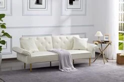 Lepfun Velvet Futon Sofa Bed, Memory Foam Couch Set, Upholstered Modern Daybed Convertible Folding Loveseat Recliner With Pillows And Wooden Frame For Compact Living Room,Apartment,Dorm,Office(Beige)