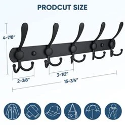 TICONN Wall Mounted Coat Rack, Five Heavy Duty Tri Hooks All Metal Construction For Jacket Coat Hat In Mudroom Entryway (Matte Black, 2-Pack)