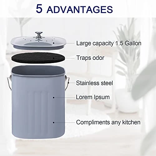 NALATI Nuovoo 1.3 Gal Compost Bin With Lid For Kitchen Countertop, Rust Proofw, Non Smell Filters (Grey) 2 NALATI Nuovoo 1.3 Gal Compost Bin With Lid For Kitchen Countertop, Rust Proofw, Non Smell Filters (Grey) - Image 2