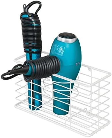 MDesign Steel Wall Mount Hair Dryer Storage Organizer - Hair Styling Tool Basket For Bathroom And Bedroom - Holds Hair Dryer, Flat Iron, Curling Wand, Hair Straightener - Linelle Collection - White 11 MDesign Steel Wall Mount Hair Dryer Storage Organizer - Hair Styling Tool Basket For Bathroom And Bedroom - Holds Hair Dryer, Flat Iron, Curling Wand, Hair Straightener - Linelle Collection - White - Image 11