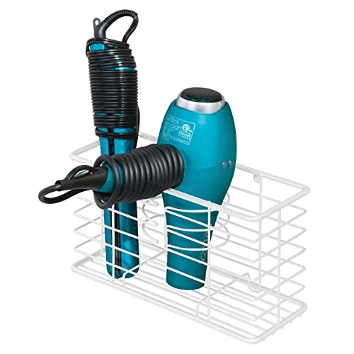 MDesign Steel Wall Mount Hair Dryer Storage Organizer - Hair Styling Tool Basket For Bathroom And Bedroom - Holds Hair Dryer, Flat Iron, Curling Wand, Hair Straightener - Linelle Collection - White 1 MDesign Steel Wall Mount Hair Dryer Storage Organizer - Hair Styling Tool Basket For Bathroom And Bedroom - Holds Hair Dryer, Flat Iron, Curling Wand, Hair Straightener - Linelle Collection - White