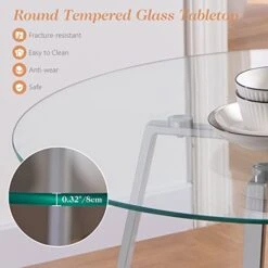 5 Pieces Dining Table And Chairs Set - Modern Round Dining Room Table With 4 Leather Chairs - Tempered Glass Table Top And Chrome Legs Kitchen Table Set For Small Space - White -Songmics Furniture Shop 41NMK9SIz9L