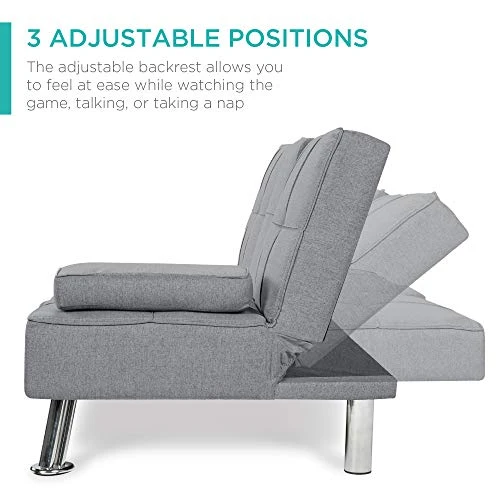 GENERIC Linen Upholstered Modern Convertible Folding Futon Sofa Bed For Compact Living Space, Apartment, Dorm, Bonus Room W/Removable Armrests, Metal Legs, 2 Cupholders - Gray 2 GENERIC Linen Upholstered Modern Convertible Folding Futon Sofa Bed For Compact Living Space, Apartment, Dorm, Bonus Room W/Removable Armrests, Metal Legs, 2 Cupholders - Gray - Image 2