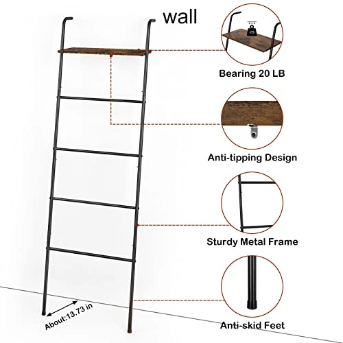 OYEAL Blanket Ladder Farmhouse Decorative Ladder Holder With Storage Shelf, Wall Leaning Towel Racks For Bathroom, Living Room, Bedroom, Laundry Room, Black 5 OYEAL Blanket Ladder Farmhouse Decorative Ladder Holder With Storage Shelf, Wall Leaning Towel Racks For Bathroom, Living Room, Bedroom, Laundry Room, Black - Image 5