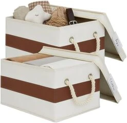 LoforHoney Home Fabric Storage Bins With Lids For Organizing, Foldable Storage Boxes With Lids For Shelves, Clothes Baskets With Cotton Rope Handles, Closet Storage Bins, Large, Beige & Gray, 2-Pack -Songmics Furniture Shop 41NiuxqzdL. AC