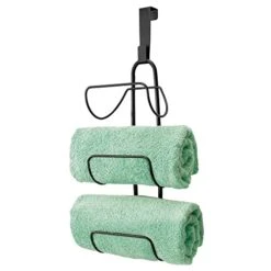 MDesign Modern Decorative Metal Wire Over Shower Door Towel Rack Holder Organizer - For Storage Of Bathroom Towels, Washcloths, Hand Towels - 3 Tiers - Black