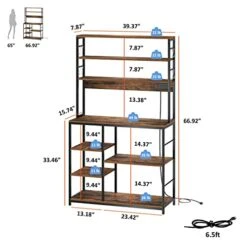 YzeeMi Bakers Rack With Power Outlet, Microwave Stand, Coffee Bar, 7 Tiers Kitchen Storage Rack With 8 Hooks, Kitchen Shelves For Spices, Pots And Pans, Rustic Brown