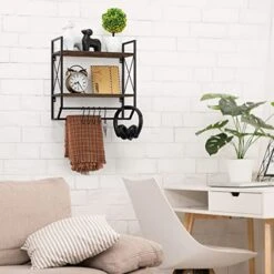 Bathroom Wall Shelf Wall Mounted Industrial 2 Tier Wood Bathroom Towel Rack With Towel Bar, 5 Metal Hooks Rustic Wall Hanging Toilet Storage Shelf For Kitchen, Bathroom, Brown -Songmics Furniture Shop 41NpCtrotWL