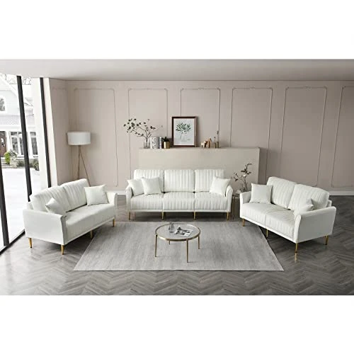 KIVENJAJA Velvet Loveseat Sofa, Channel Tufted 2-Seater Small Couch, Modern Love Seat With 2 Pillows For Living Room Bedroom Apartment, 55”W (Beige) 2 KIVENJAJA Velvet Loveseat Sofa, Channel Tufted 2-Seater Small Couch, Modern Love Seat With 2 Pillows For Living Room Bedroom Apartment, 55”W (Beige) - Image 2