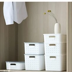 Vacane Plastic Storage Bins With Lids Set Of 3, Stackable Organizer Lidded Basket With Writable Label For Organizing, Sturdy Containers For Shelves Pantry Office School/S+M+L/White -Songmics Furniture Shop 41O2HHFPeCL