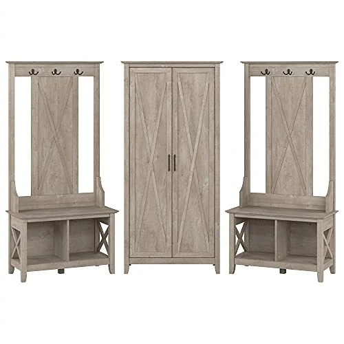 Bush Furniture Key West Entryway Storage Set With Hall Tree, Shoe Bench And Tall Cabinet, Washed Gray 1 Bush Furniture Key West Entryway Storage Set With Hall Tree, Shoe Bench And Tall Cabinet, Washed Gray