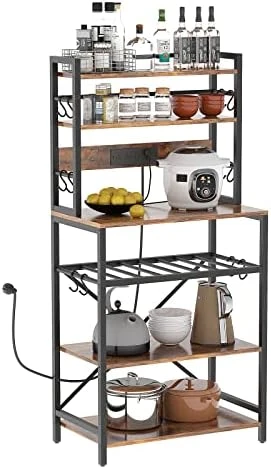 YMYNY Kitchen Baker's Rack, Microwave Oven Stand With Storage Shelves, Industrial Coffee Bar Station, With Adjustable Wine Holders And S-Hooks, Metal Frame, Rustic Brown, 56.3 * 15.7 * 23.2", UHBR001H 6 YMYNY Kitchen Baker's Rack, Microwave Oven Stand With Storage Shelves, Industrial Coffee Bar Station, With Adjustable Wine Holders And S-Hooks, Metal Frame, Rustic Brown, 56.3 * 15.7 * 23.2", UHBR001H - Image 6