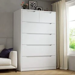 EnHomee 6 Drawer Dresser, Tall Dresser For Bedroom With 6 Wood Drawers And Smooth Metal Rail, Large Wood Dressers & Chest Of Drawers For Bedroom Living Room Closet, 43.3" Hx 27.5" W X 15.7" D, White