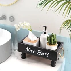 BS-VOG Bathroom Decor Box, Raised Wood Toilet Tank Basket For Toilet Paper With Funny Signs On 2 Sides For Back Of Toilet, Farmhouse Tank Topper Storage Organizer Tray For Rustic Home Decor (Black) -Songmics Furniture Shop 41OBsp8WJML