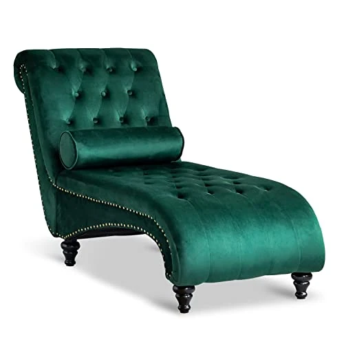 Paddie Velvet Button-Tufted Chaise Lounge Chair Leisure Sofa Chaise Chair W/Bolster Pillow, Nailhead Trim And Turned Legs For Indoor Living Room (Green) 1 Paddie Velvet Button-Tufted Chaise Lounge Chair Leisure Sofa Chaise Chair W/Bolster Pillow, Nailhead Trim And Turned Legs For Indoor Living Room (Green)