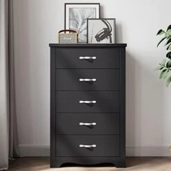 LINSY HOME 5 Drawer Chest, Black Dresser For Bedroom, Modern Dresser Tall Dresser, SGS Certified Wood Storage Chest Of Drawers For Nursery Kids Room Living Room