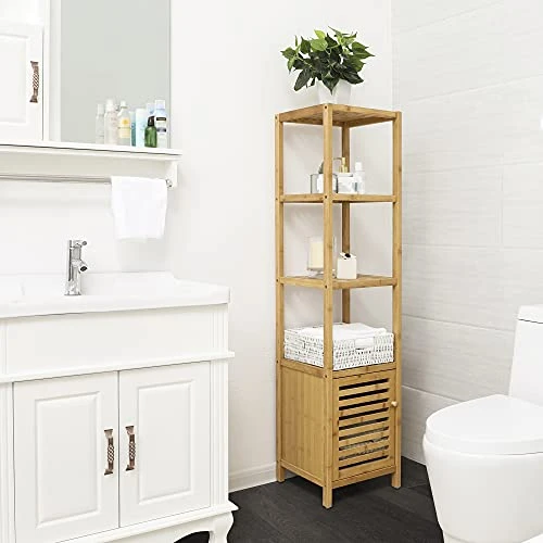 SONGMICS Bamboo Bathroom Storage Floor Cabinet, 4 Tiers Multifunctional Floor Shelving Unit, Free Standing Tower Corner Rack, Natural UBCB50Y 1 SONGMICS Bamboo Bathroom Storage Floor Cabinet, 4 Tiers Multifunctional Floor Shelving Unit, Free Standing Tower Corner Rack, Natural UBCB50Y