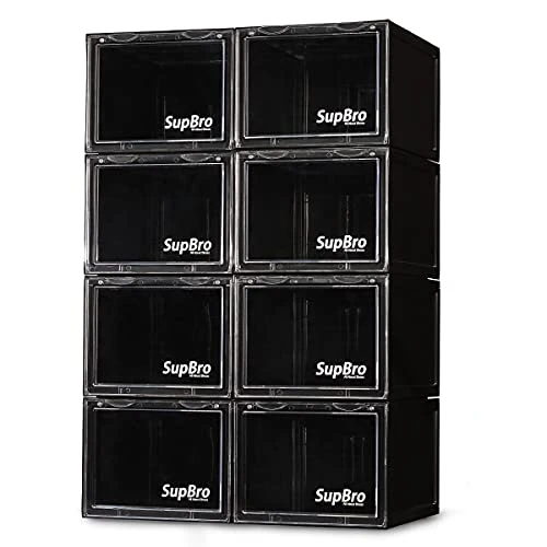 SupBro Collection Crate - Easy Access Storage Shoes Box -Plastic Foldable Stackable Sneaker Display Storage With Clear Front Door Organizer-8 Pack (Black) 1 SupBro Collection Crate - Easy Access Storage Shoes Box -Plastic Foldable Stackable Sneaker Display Storage With Clear Front Door Organizer-8 Pack (Black)