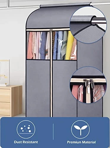 SLEEPING LAMB 43'' Garment Bag Organizer Storage With Clear PVC Windows Garment Rack Cover Well-Sealed Hanging Closet Cover For Suits Coats Jackets, Grey (Hanging Rod Not Included) 4 SLEEPING LAMB 43'' Garment Bag Organizer Storage With Clear PVC Windows Garment Rack Cover Well-Sealed Hanging Closet Cover For Suits Coats Jackets, Grey (Hanging Rod Not Included) - Image 4