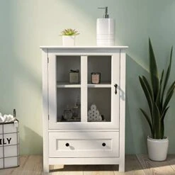 RASOO Kicthen Storage Cabinet White Modern Glass Door With Shelf And Drawer Sideboard Buffet Cabinet Entryway Cabinet, 22.05" X 14.37" X 31.7"H