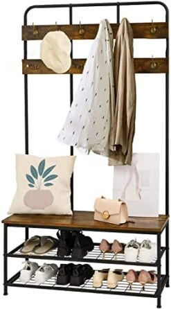 QCen Entryway Bench With Coat Rack ,Shoe Rack Storage Shelf Organizer Industrial Hall Tree 72 Inch With Storage Bench 12 Hooks, Wood Look Accent Furniture With Metal Frame