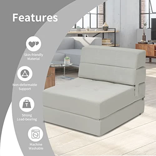 Casart Sofa Bed Tri-Fold Portable Sleeper Folding Memory Foam With Washable Cover Guest Chaise Lounge Padded Cushion Guest Sleeper Chair (Gray) 5 Casart Sofa Bed Tri-Fold Portable Sleeper Folding Memory Foam With Washable Cover Guest Chaise Lounge Padded Cushion Guest Sleeper Chair (Gray) - Image 5