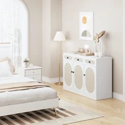 FOTOSOK Buffet Cabinet, Rattan Kitchen Cabinet With 3 Doors And 3 Drawers, Sideboard With Storage And Adjustable Shelves, Rattan Buffet Table For Kitchen Dining Room Living Room Hallway -Songmics Furniture Shop 41OoHyFTWJL