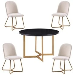 Morden Fort 5 Piece Round Dining Table With Dining Chair Set, Modern Luxaury Velvet Upholstered Dining Table Set With 4 Hexagonal Chair For Dining Room, Restaurant - Beige -Songmics Furniture Shop 41OxujD163L