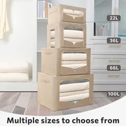 3 Pack Clothes Storage Bins - Foldable Metal Frame Storage Box - Stackable Linen Fabric Organizer Set With Carrying Handles And Clear Window (Beige, 19.7x15.7x12.6inch(66L)) -Songmics Furniture Shop 41OzL6ypY7L