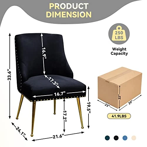 SEYNAR Dining Chairs, Comfortable Modern Kitchen Chairs With Gold Legs, Fabric Upholstered Dining Room Chairs, Accent Chairs Set Of 2, Tufted Velvet Chair For Kitchen Dining Room Guest Room(Black) 4 SEYNAR Dining Chairs, Comfortable Modern Kitchen Chairs With Gold Legs, Fabric Upholstered Dining Room Chairs, Accent Chairs Set Of 2, Tufted Velvet Chair For Kitchen Dining Room Guest Room(Black) - Image 4